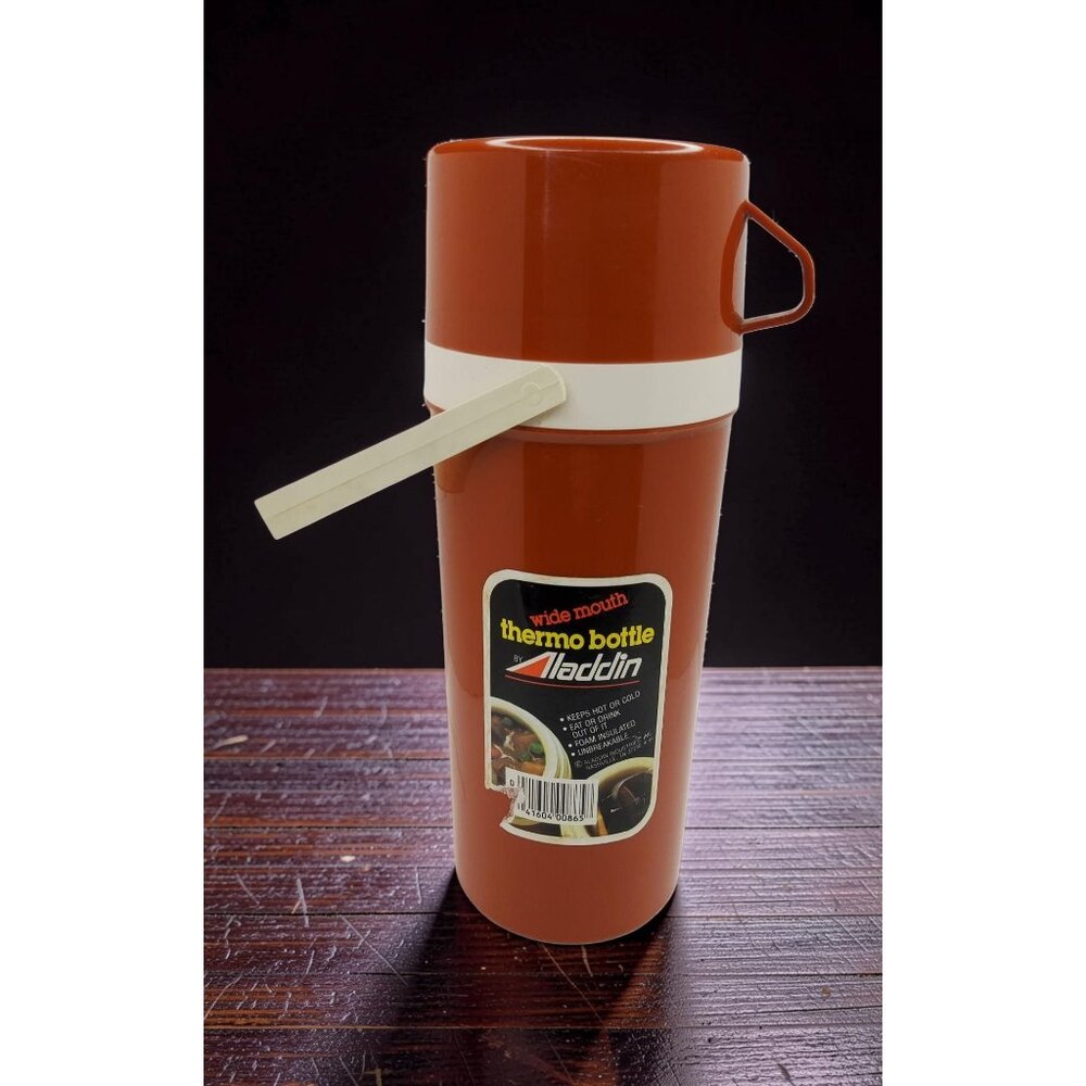 vintage aladdin wide mouth hot/cold thermo bottle with handle.